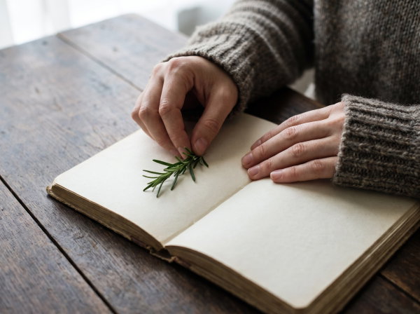 Hands laying a sprig of rosemary on the blank page of a notebook