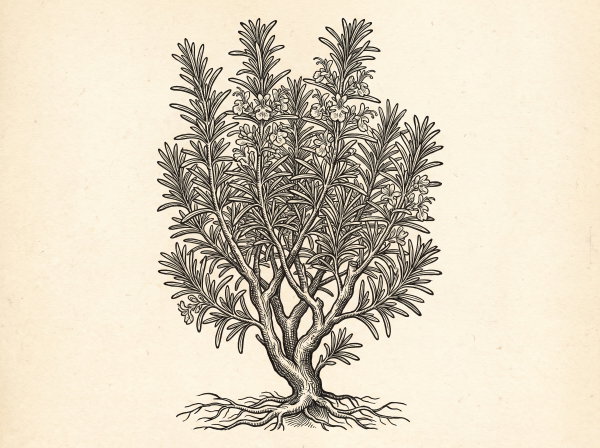 Engraving of a rosemary plant in the style of an old herbal