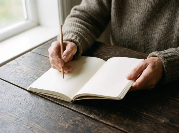 Hands holding an open blank notebook and a pencil on a wooden table
