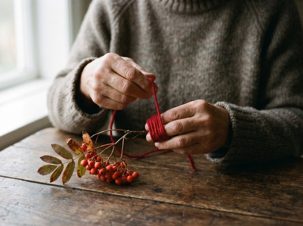 Hands winding red thread around a sprig of rowan on a wooden table