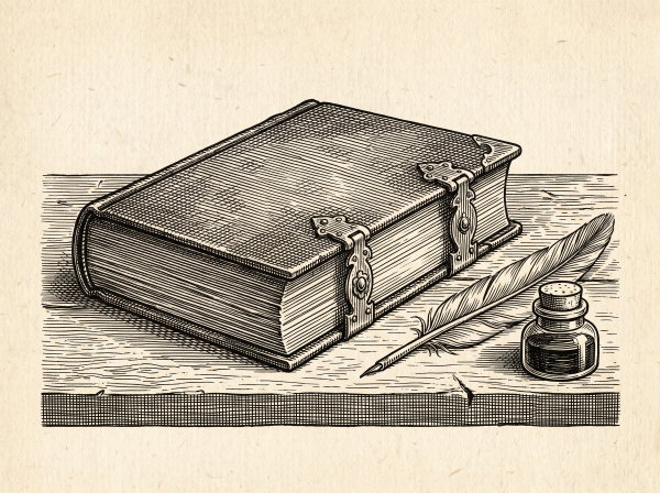 Engraving of a closed clasped book beside a quill and an inkpot on a wooden desk