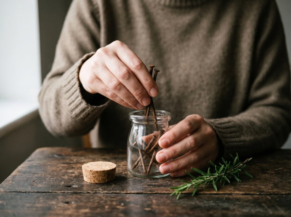 Hands dropping iron nails into a small glass jar on a wooden table
