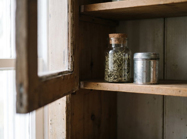 A corked glass jar of dried rosemary and a lidded tin on a high shelf inside a wooden cupboard