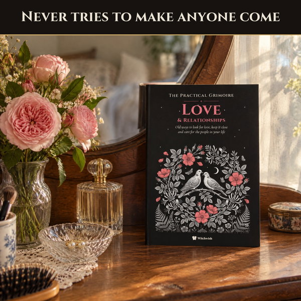 The Practical Grimoire of Love & Relationships at home on a dressing table