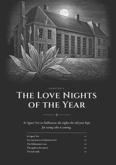Chapter 2 opener of the Love & Relationships book, The Love Nights of the Year: an engraved manor house under a full moon with a plantain in the foreground