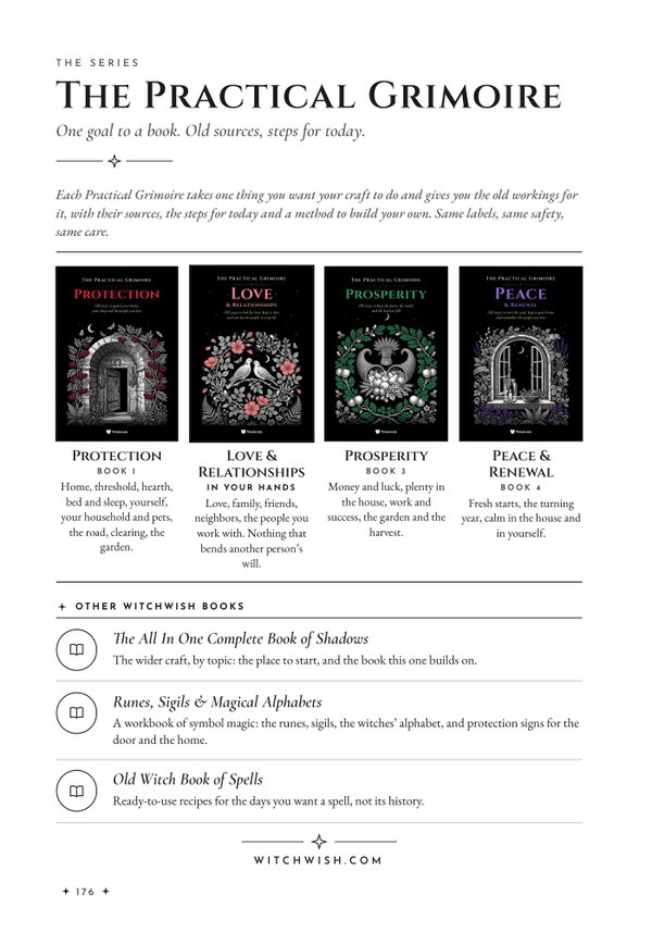 Page 176: the four Practical Grimoire covers, Protection, Love & Relationships, Prosperity and Peace & Renewal
