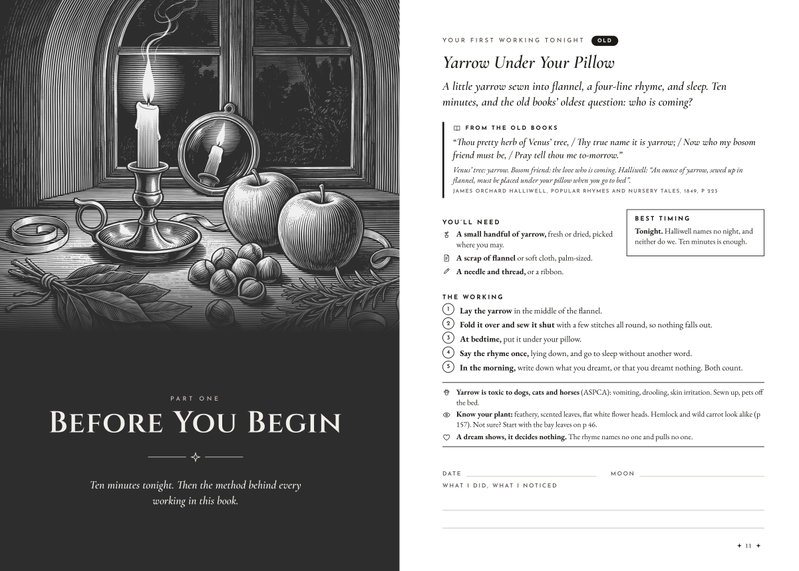 Pages 10 and 11: the dark Part One opener and Yarrow Under Your Pillow, the first working