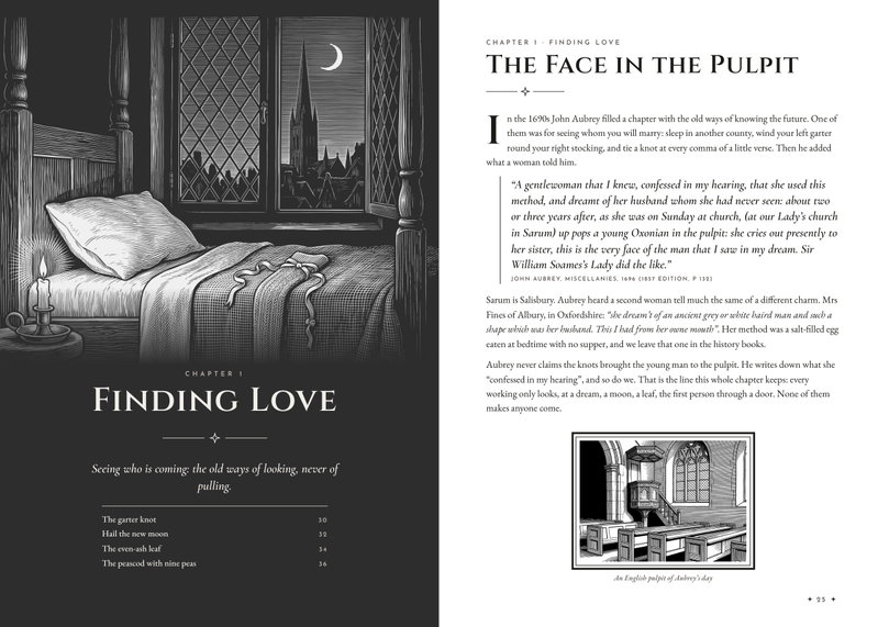 Pages 24 and 25: the dark engraved opener of Chapter 1, Finding Love, and The Face in the Pulpit