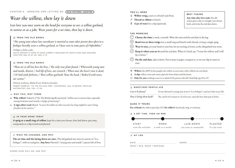 Pages 132 and 133: Wear the willow, then lay it down, with a timeline from start to laid down