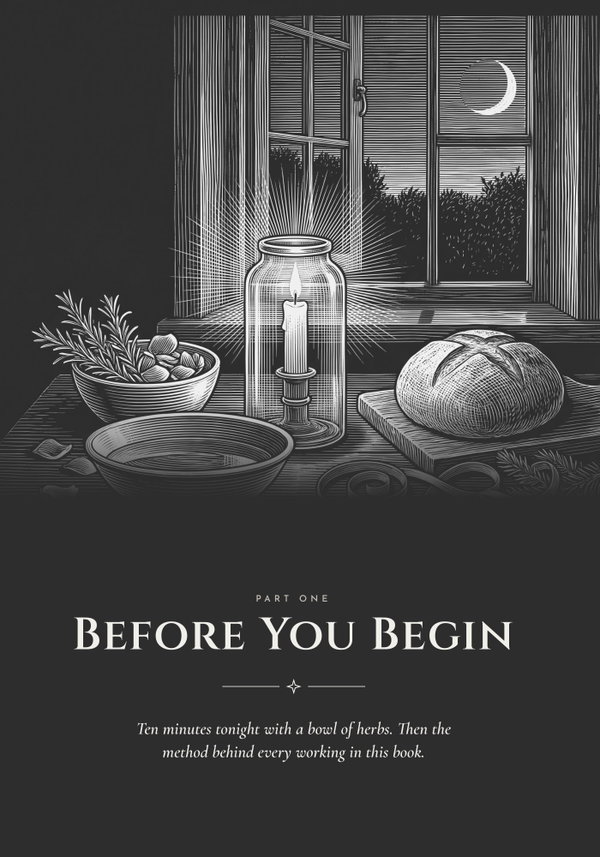 The dark engraved opener of Part One: a candle in a glass jar by a cottage window under a crescent moon, with a bowl of herbs and a loaf