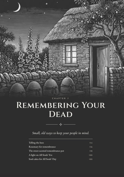 Chapter 7 opener of the Peace & Renewal book, Remembering Your Dead: an engraved cottage with straw beehives along the wall under a crescent moon