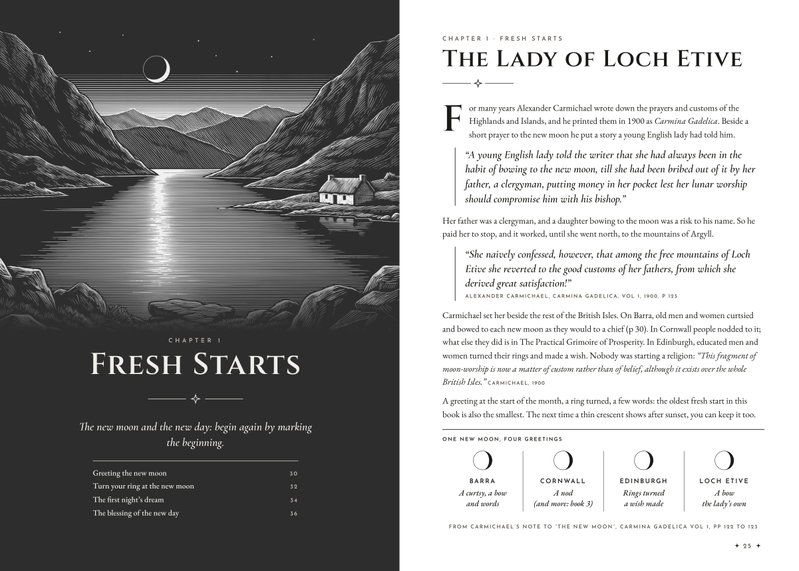 The Fresh Starts opener: a moonlit loch in a dark engraving, beside the story of the Lady of Loch Etive