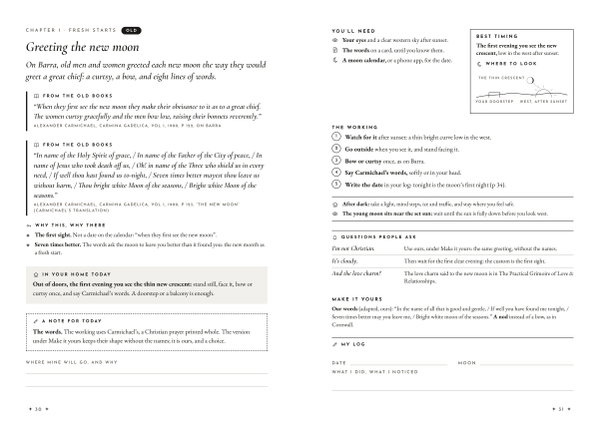 The two-page working “Greeting the new moon”, labeled Old, with Carmichael's 1900 quotations, the steps, a where-to-look diagram and a log line