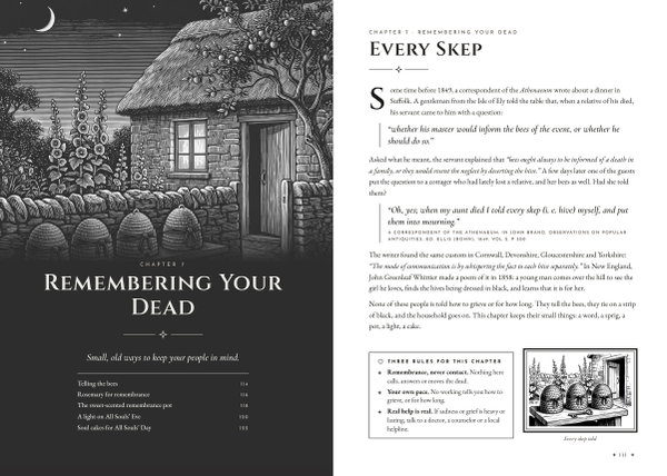The Chapter 7 opener, a moonlit cottage with beehives by the wall, beside the story of the cottager who told every skep