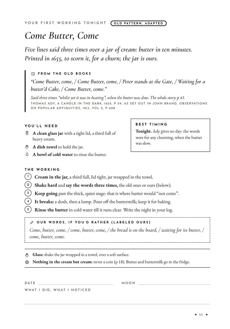 Page 11, Come Butter, Come: the 1655 charm, what you'll need, five steps and a log