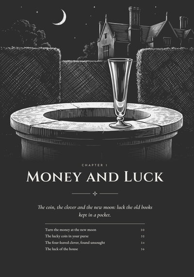 Chapter 1 opener of the Prosperity book, Money and Luck: an engraved glass standing on the rim of a stone well, a manor and crescent moon behind
