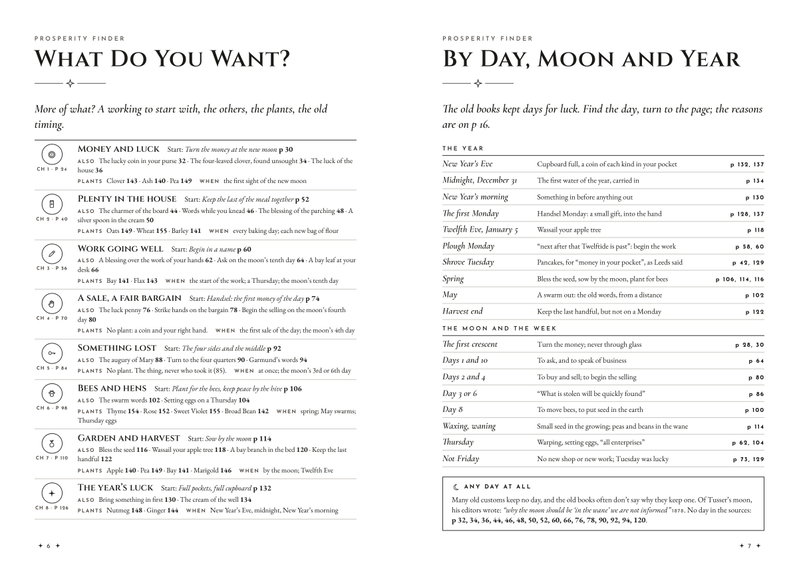 The Prosperity Finder spread: workings, plants and timing listed by need, and a table of the old days by year, moon and week