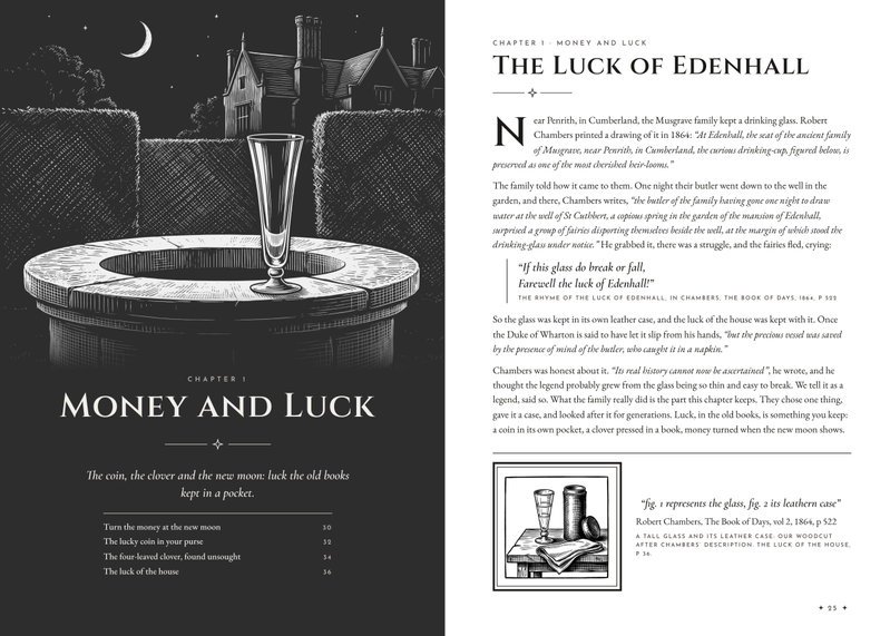 Chapter 1 opener: an engraved glass on a garden well under a crescent moon, beside the story of the Luck of Edenhall