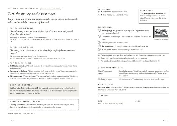 Open spread of the working Turn the money at the new moon: two dated quotations, the reasons, what was changed, five numbered steps, a safety strip and a log