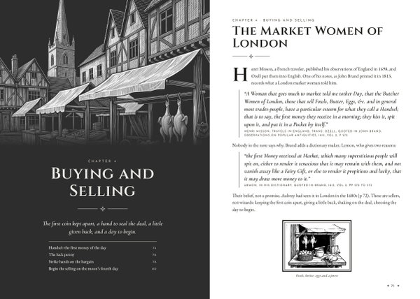 Open spread: a dark engraved London market scene opening the Buying and Selling chapter, and the story of the market women who kept their first coin of the day apart