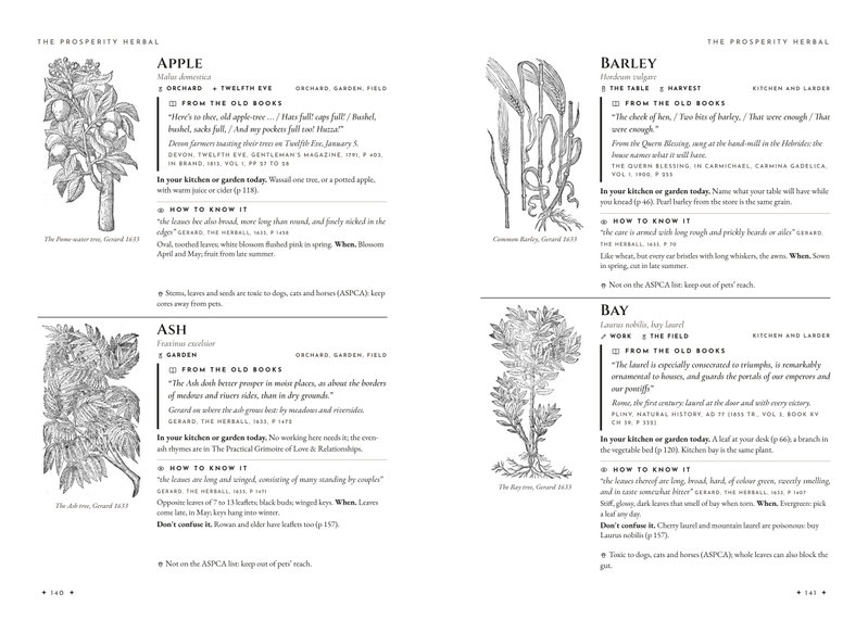 Herbal spread: apple, ash, barley and bay laurel, each with a Gerard woodcut, an old quote, how to know it and a pet safety line