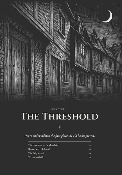 Chapter 1 opener of the Protection book, The Threshold: an engraved night street of timbered houses and doors under a crescent moon
