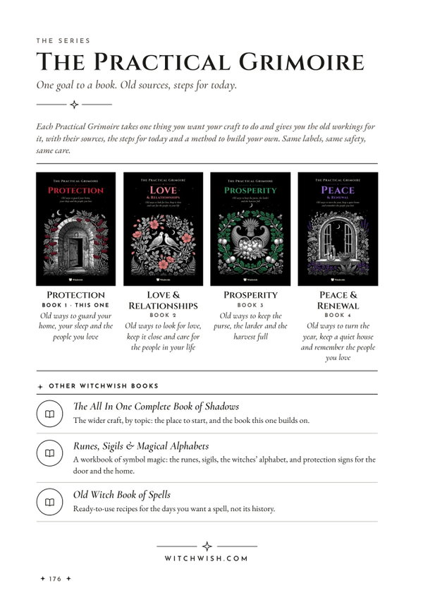 The series page printed at the back of each book: the four black covers of The Practical Grimoire, Protection, Love & Relationships, Prosperity, and Peace & Renewal