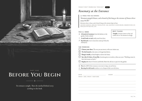 Open book: a dark Part One opener with a candle on a windowsill, beside the first working, Rosemary at the Entrance, with its source card and five steps