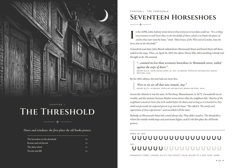 Dark chapter opener for The Threshold, beside the story Seventeen Horseshoes with a row of drawn horseshoes