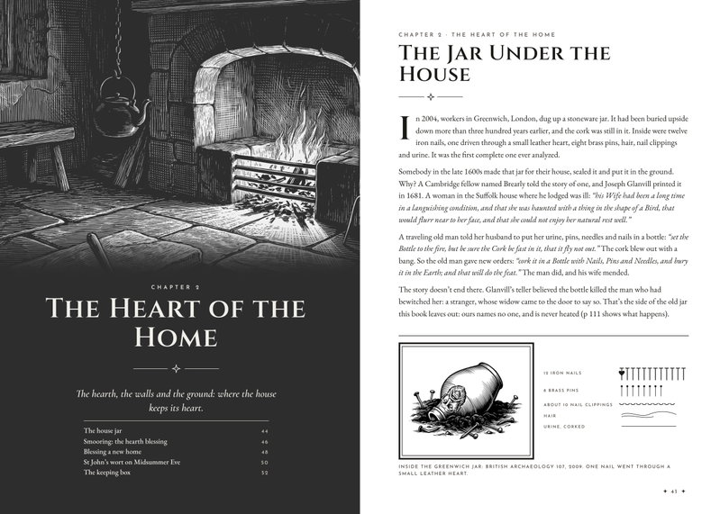 Dark chapter opener for The Heart of the Home, beside The Jar Under the House with a drawing of the Greenwich jar and its contents