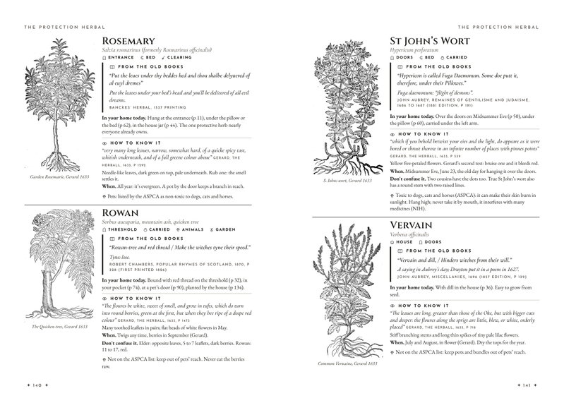 Two herbal pages: rosemary, rowan, St John's wort and vervain, each with Gerard's 1633 woodcut, old quotes and how to know the plant