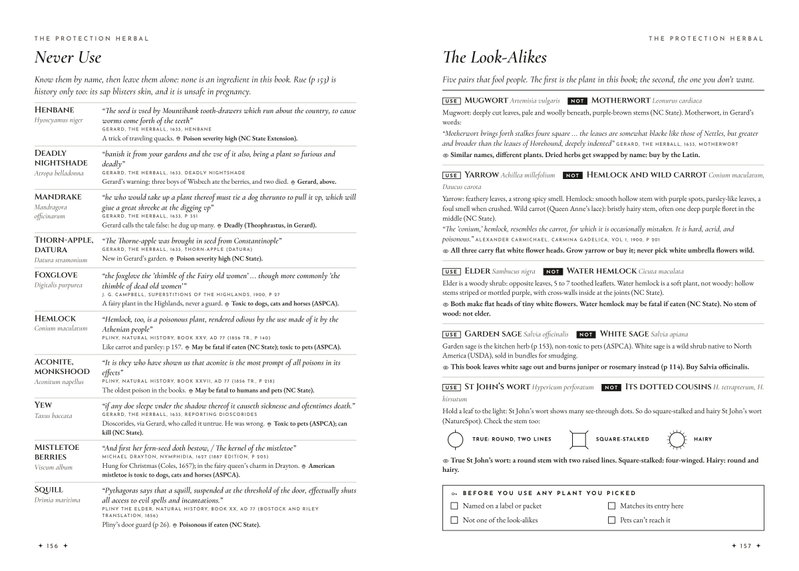 The Never Use page of toxic plants from the old books, beside The Look-Alikes with five plant pairs