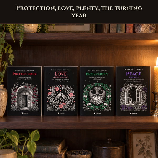 The four Practical Grimoire books on a wooden shelf