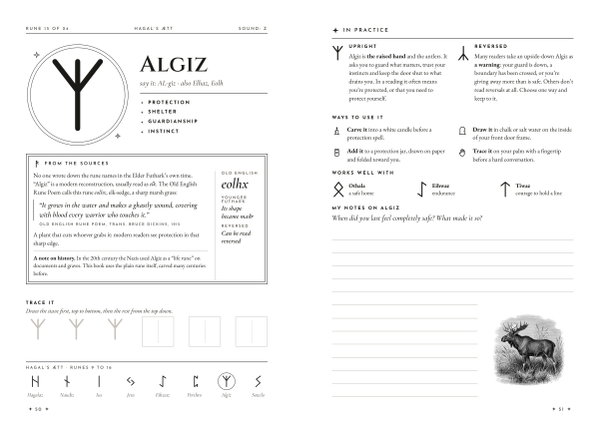 Open book on the Algiz spread: the rune drawn large, the From the sources box quoting the Old English Rune Poem, and the In practice page with ways to use it