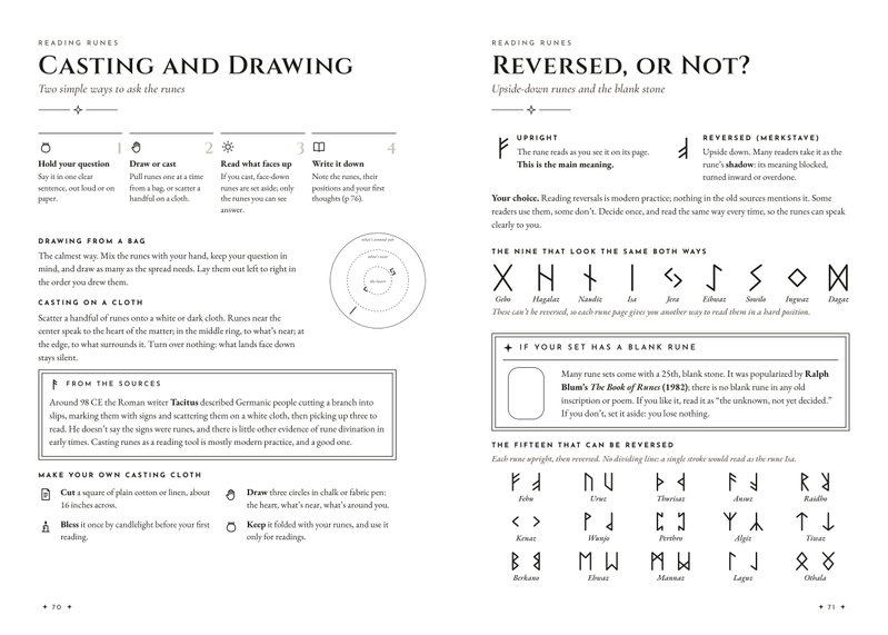 Casting and Drawing, with a casting cloth diagram, beside Reversed, or Not? with the nine runes that look the same both ways and a box on the blank rune