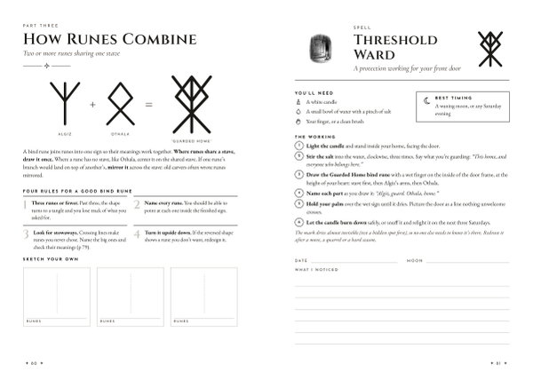 Two pages: How Runes Combine, with Algiz and Othala joined into the Guarded Home bind rune and four rules, beside the Threshold Ward spell and its six numbered steps
