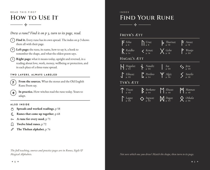 How to Use It in three steps, beside the dark Find Your Rune index showing all 24 runes by shape with their page numbers