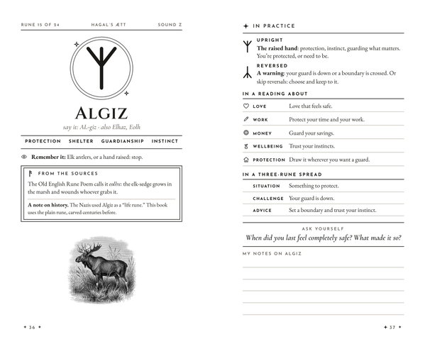 The Rune Companion open on the Algiz spread: the rune drawn large with its name, keywords and the Old English Rune Poem on the left, and on the right its upright and reversed meaning, a line for love, work, money, wellbeing and protection, and its meaning in a three-rune spread
