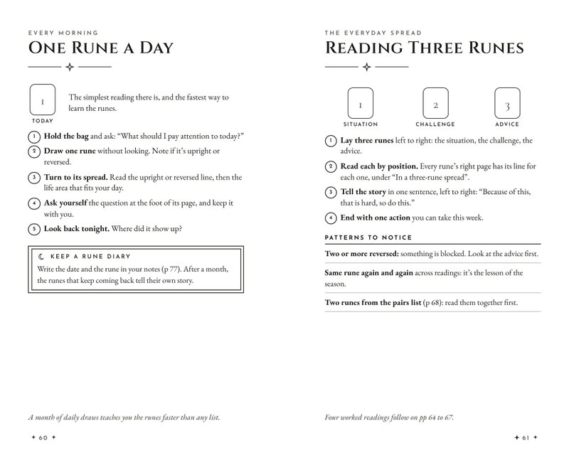 One Rune a Day in five steps with a rune diary box, beside Reading Three Runes: situation, challenge, advice, four steps and patterns to notice