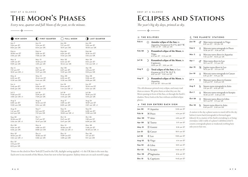 Two pages: the Moon's phases of 2027 in four columns with ET and UK times, beside the eclipses, the Sun's entry into each sign and the planets' stations