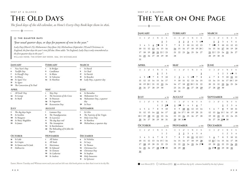 The Old Days, a list of the old calendar's feast days month by month, beside The Year on One Page with twelve small 2027 calendars