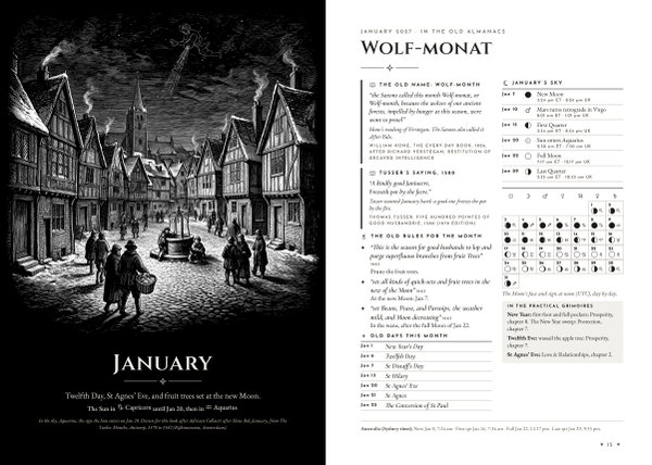 Open book: the dark January opener with a drawn winter street, beside Wolf-monat, the month in the old almanacs, with its sky, its old days and the Moon's sign for every day