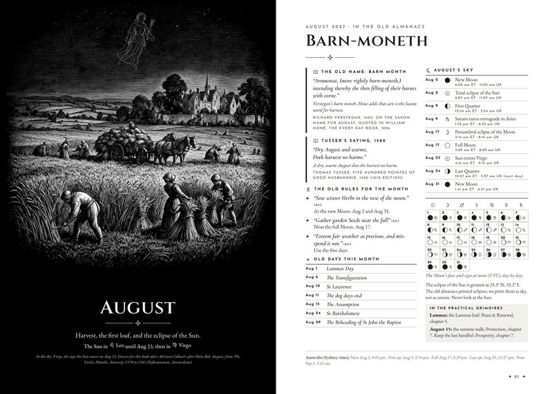 Dark August opener with a drawn harvest field, beside Barn-moneth: the old name, Tusser's saying, the old rules, the old days and August's sky