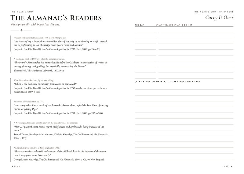 The Almanac's Readers, six quotes from Franklin, Hill, Deane and Kittredge, beside Carry It Over with lines for days to keep and a letter to yourself