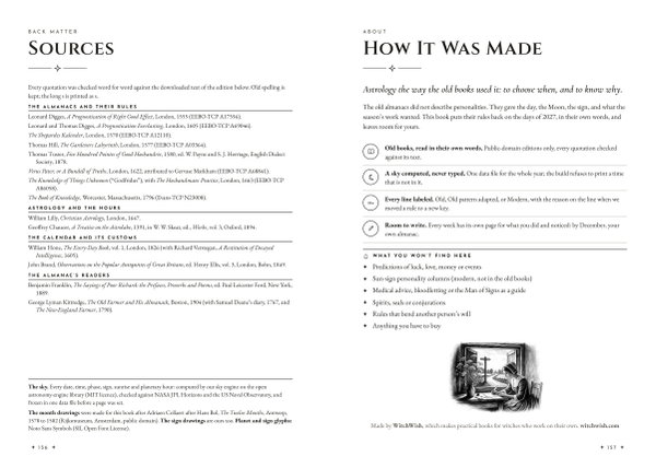The Sources page listing every old almanac and edition used, beside How It Was Made and What You Won't Find Here