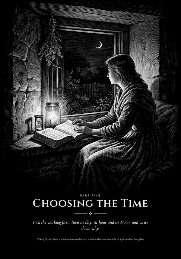 The dark Part Five opener, Choosing the Time: a woman in a window seat reading an almanac by a candle in a jar, an hourglass beside her