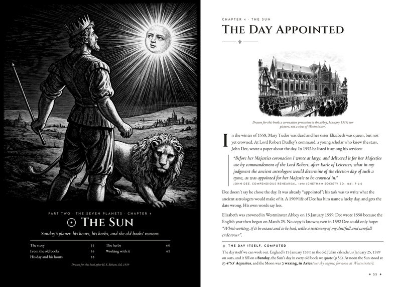 Dark chapter opener for the Sun, a king with a lion under a blazing sun, beside The Day Appointed, the story of John Dee and the coronation of 1559
