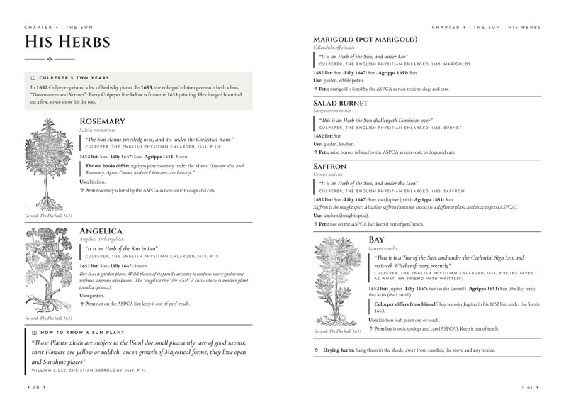 The Sun's herbs: rosemary, angelica, marigold, salad burnet, saffron and bay, each with Culpeper's line, the other old books, a pet line, and Gerard's 1633 woodcuts