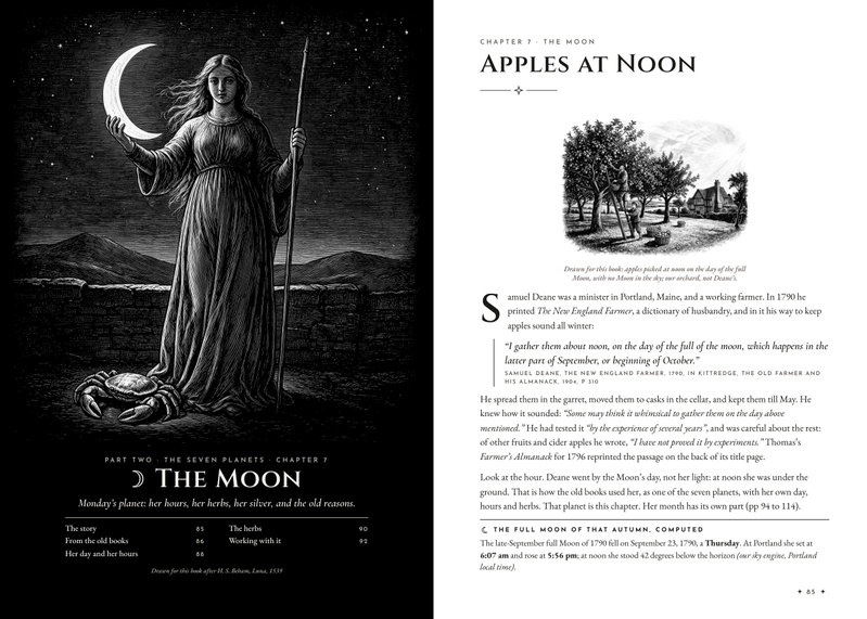 Dark chapter opener for the Moon, a woman holding a crescent with a crab at her feet, beside Apples at Noon, the story of Samuel Deane's orchard