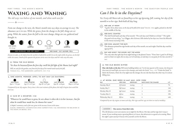 Open book: Waxing and Waning, with the Moon's month drawn as phases and the April 2027 phase times, beside Can I Do It in the Daytime? with four numbered answers and a table of the Moon at noon